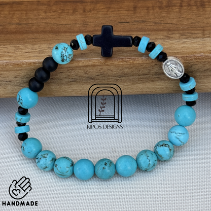 Turquoise Rosary Bracelet with Black Onyx & Faceted Glass Accents | Customized Catholic Saint Medal