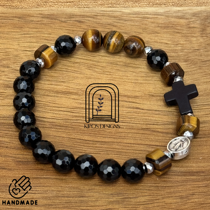 Tiger Eye Rosary Bracelet with Faceted Black Onyx & Silver | Customized Catholic Saint Medal