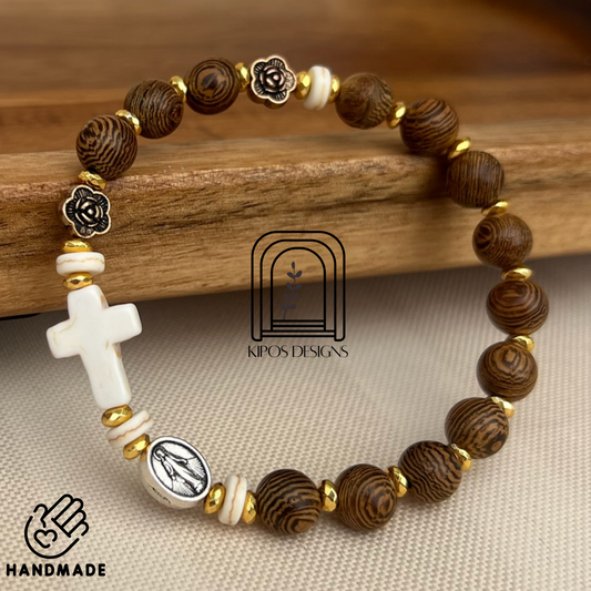 Natural Wood Rosary Bracelet with Gold, White & Bronze Accents | Customized Catholic Saint Medal