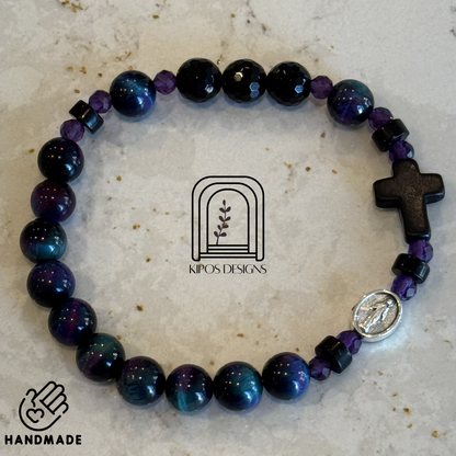 Galaxy Tiger Eye Rosary Bracelet with Faceted Black Onyx & Genuine Amethyst | Customized Catholic Saint Medal