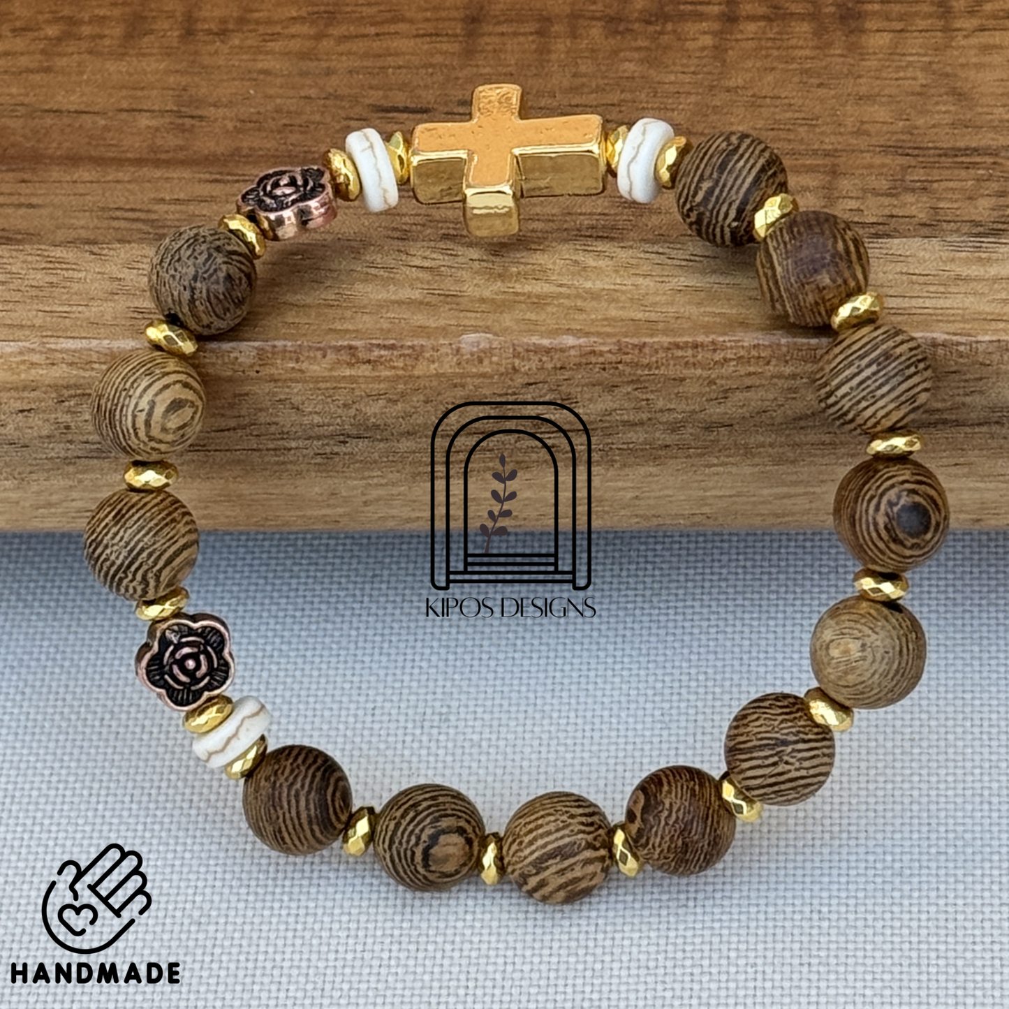 Natural Wood Rosary Bracelet with Gold Accents & Bronze Roses | Customized Catholic Saint Medal