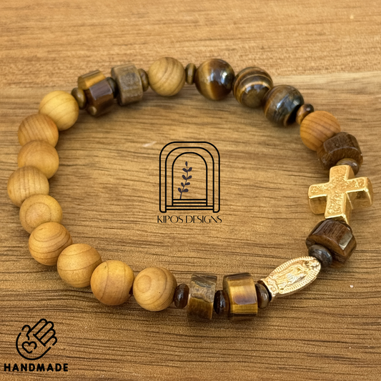 Golden Sandalwood Rosary Bracelet w/ Tiger's Eye & Gold | Customized Catholic Saint Medal