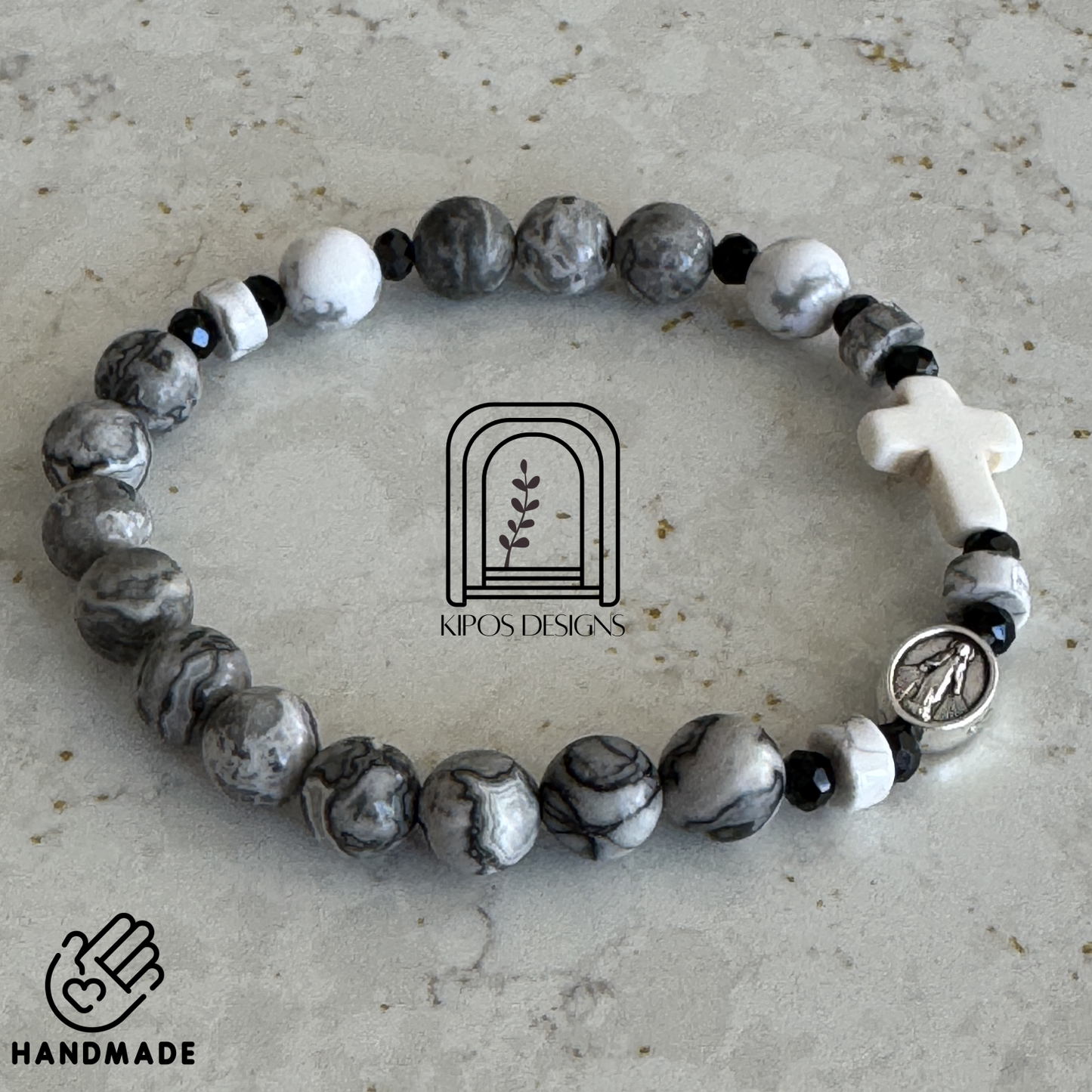 Marbled Grey & White Jasper Bracelet with White Accents | Customized Catholic Saint Medal