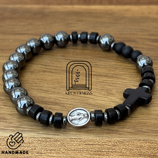 Hematite Rosary Bracelet with Black Onyx & Hematite Spacers | Customized Catholic Saint Medal
