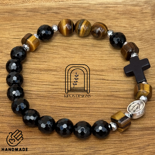 Tiger Eye Rosary Bracelet with Faceted Black Onyx & Silver | Customized Catholic Saint Medal
