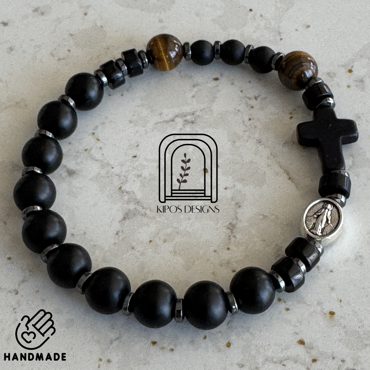 Black Onyx Rosary Bracelet with Tiger Eye & Hematite | Customized Catholic Saint Medal