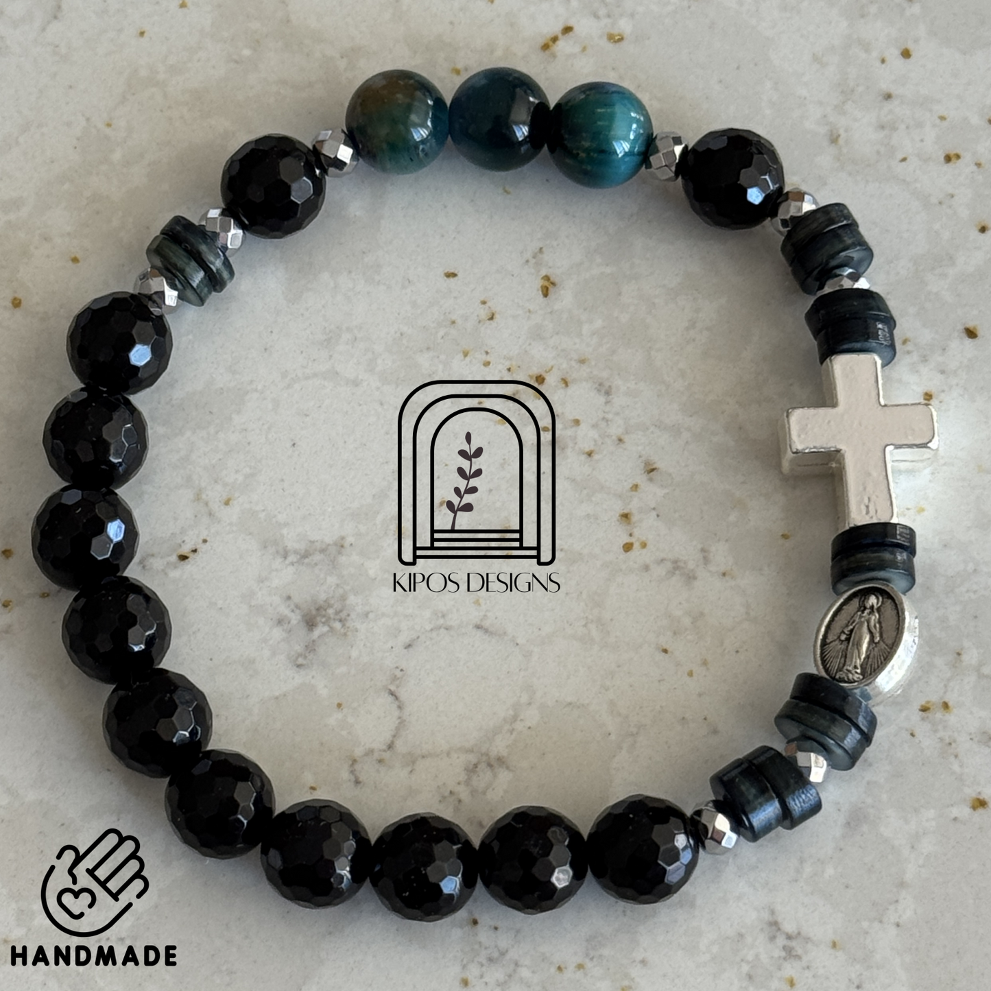 Galaxy Tiger Eye Rosary Bracelet with Faceted Black Onyx & Silver | Customized Catholic Saint Medal