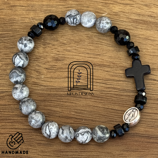 Marbled Grey & White Jasper Bracelet with Black Accents | Customized Catholic Saint Medal