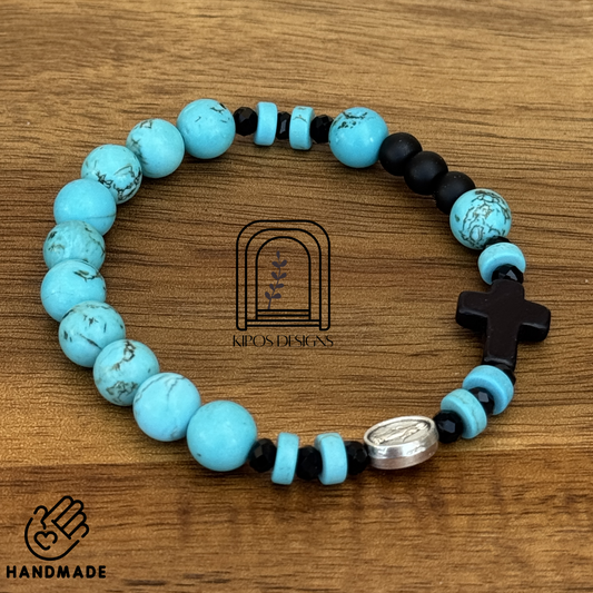 Turquoise Rosary Bracelet with Black Onyx & Faceted Glass Accents | Customized Catholic Saint Medal