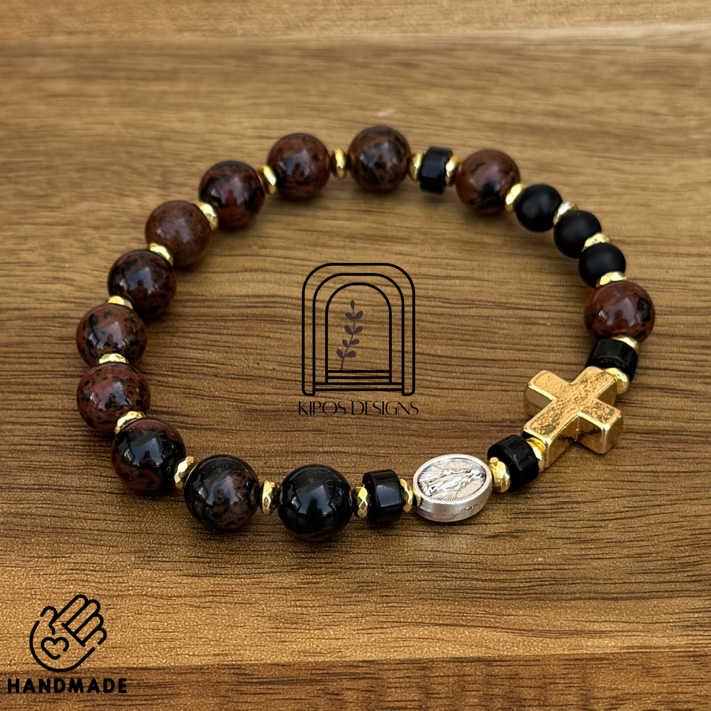 Mahogany Obsidian Rosary Bracelet with Black Onyx & Gold Accents | Customized Catholic Saint Medal