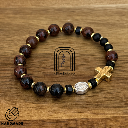 Mahogany Obsidian Rosary Bracelet with Black Onyx & Gold Accents | Customized Catholic Saint Medal