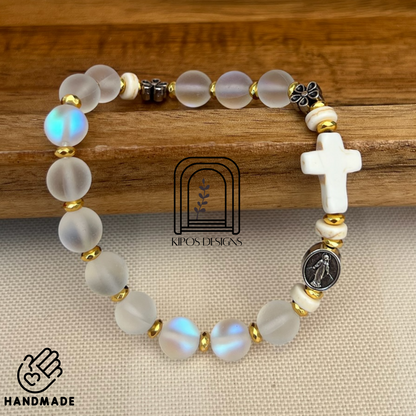 Rainbow Glass Opal Rosary Bracelet with Bright Gold & White Turquoise | Customized Catholic Saint Medal