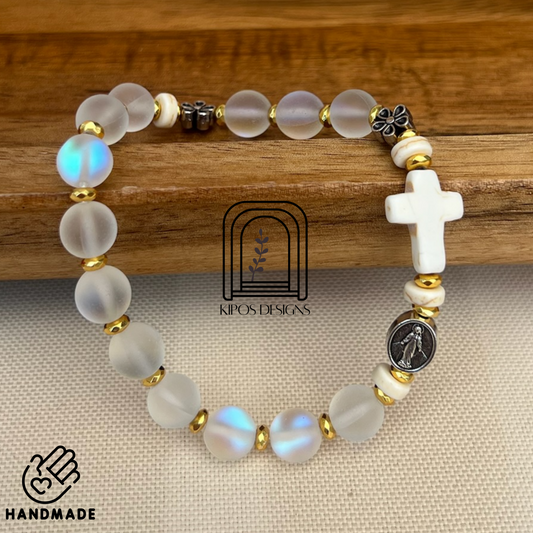 Rainbow Glass Opal Rosary Bracelet with Bright Gold & White Turquoise | Customized Catholic Saint Medal