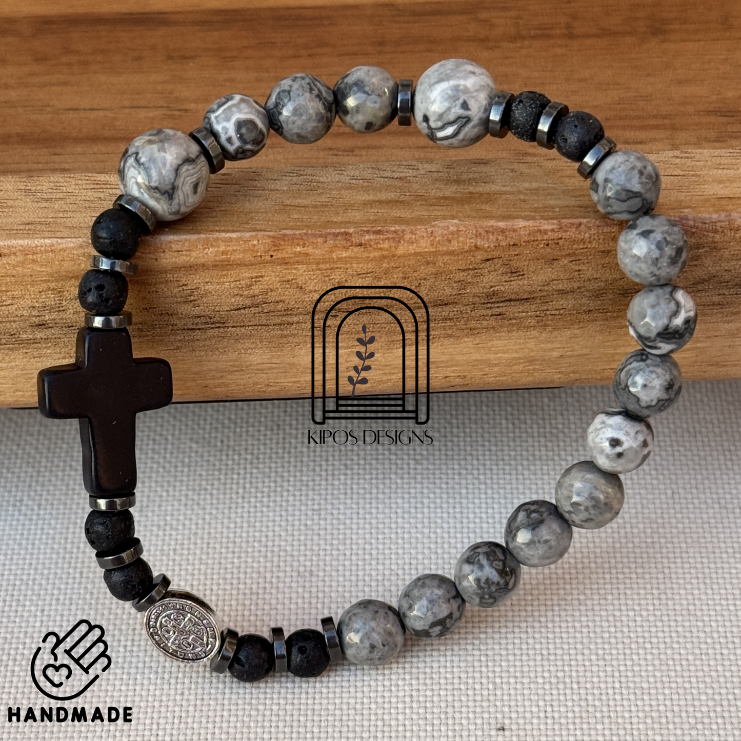 6mm Marbled Grey & White Jasper Rosary Bracelet with Black Accents | Customized Catholic Saint Medal