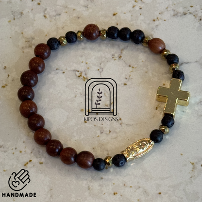 6mm Rosewood Rosary Bracelet with Black Obsidian and Gold accents | Customized Catholic Saint Medal