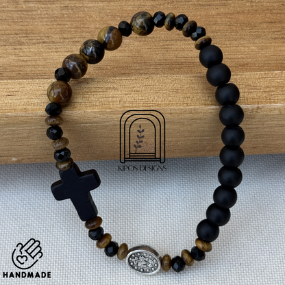 6mm Black Onyx Rosary Bracelet with Tiger Eye & Faceted Spacers | Customized Catholic Saint Medal