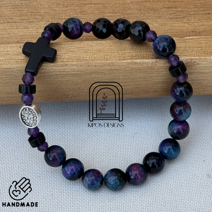 Galaxy Tiger Eye Rosary Bracelet with Faceted Black Onyx & Genuine Amethyst | Customized Catholic Saint Medal