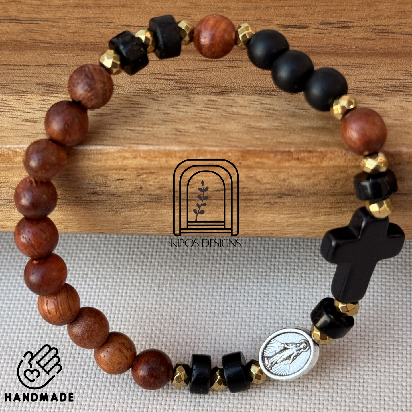 6mm Rosewood Rosary Bracelet with Black Onyx and Gold accents | Customized Catholic Saint Medal