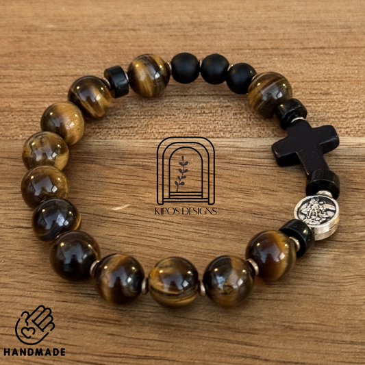 Tiger Eye Rosary Bracelet with Black Onyx & Bronze | Customized Catholic Saint Medal