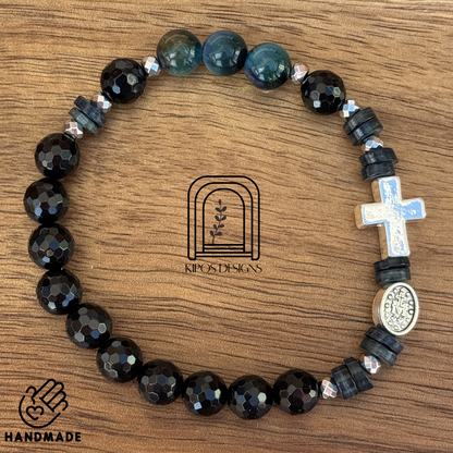 Galaxy Tiger Eye Rosary Bracelet with Faceted Black Onyx & Silver | Customized Catholic Saint Medal