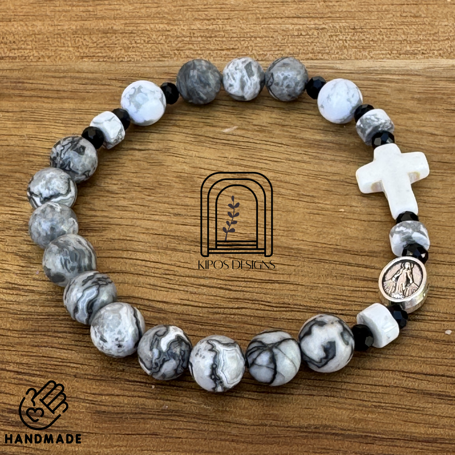 Marbled Grey & White Jasper Bracelet with White Accents | Customized Catholic Saint Medal