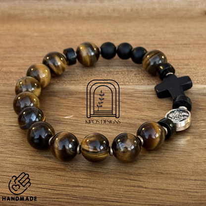 Tiger Eye Rosary Bracelet with Black Onyx & Bronze | Customized Catholic Saint Medal