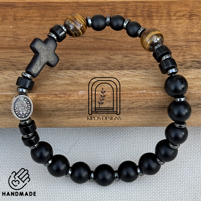 Black Onyx Rosary Bracelet with Tiger Eye & Hematite | Customized Catholic Saint Medal