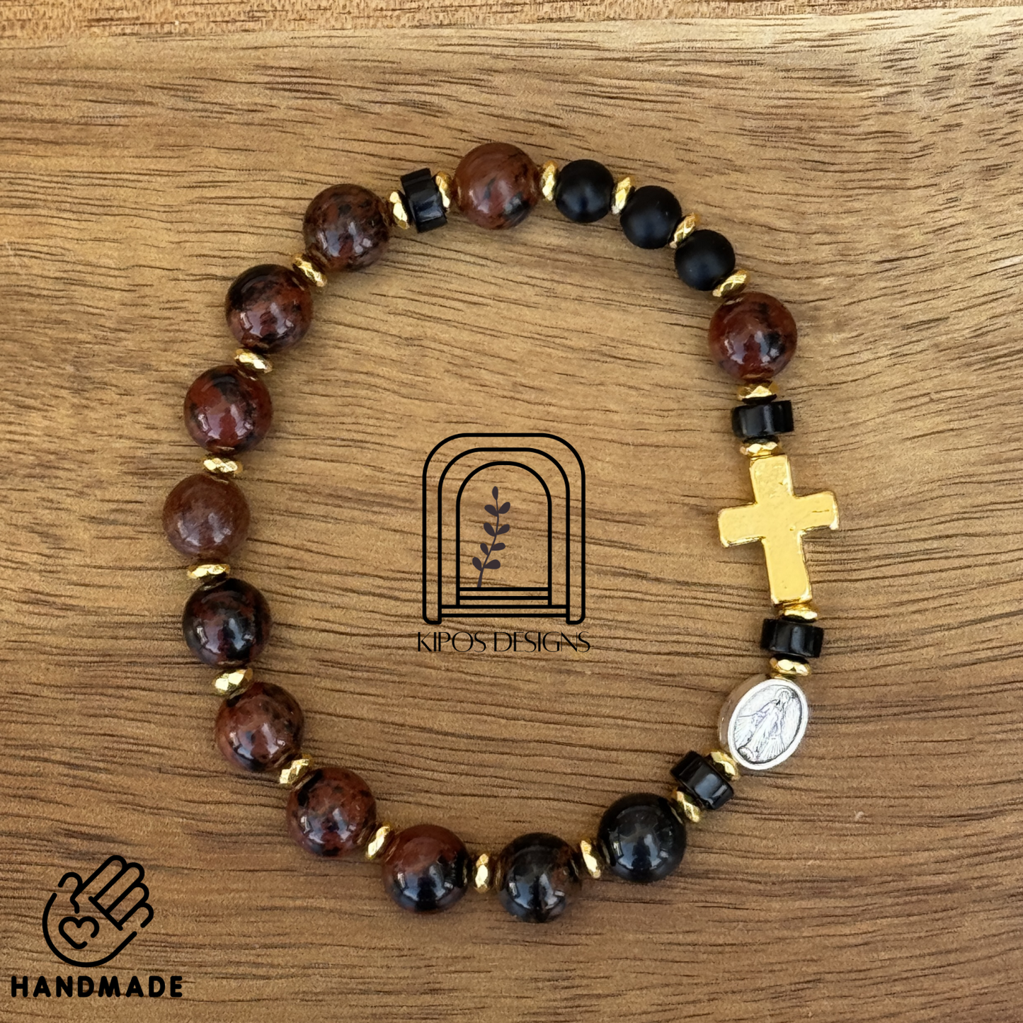 Mahogany Obsidian Rosary Bracelet with Black Onyx & Gold Accents | Customized Catholic Saint Medal