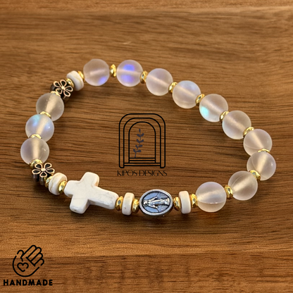 Rainbow Glass Opal Rosary Bracelet with Bright Gold & White Turquoise | Customized Catholic Saint Medal