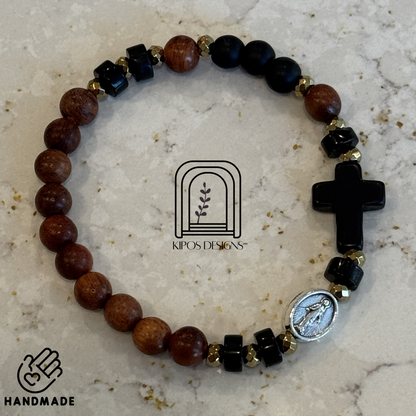 6mm Rosewood Rosary Bracelet with Black Onyx and Gold accents | Customized Catholic Saint Medal