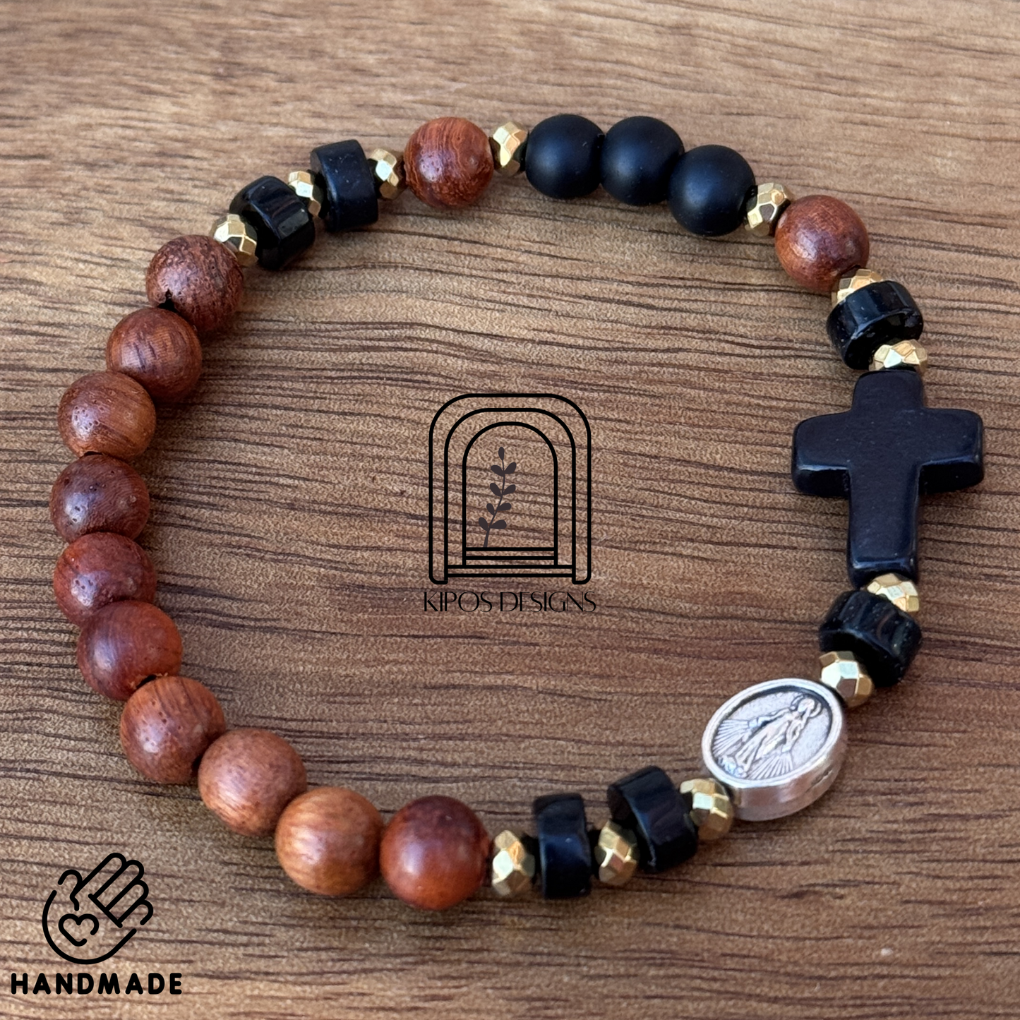 6mm Rosewood Rosary Bracelet with Black Onyx and Gold accents | Customized Catholic Saint Medal