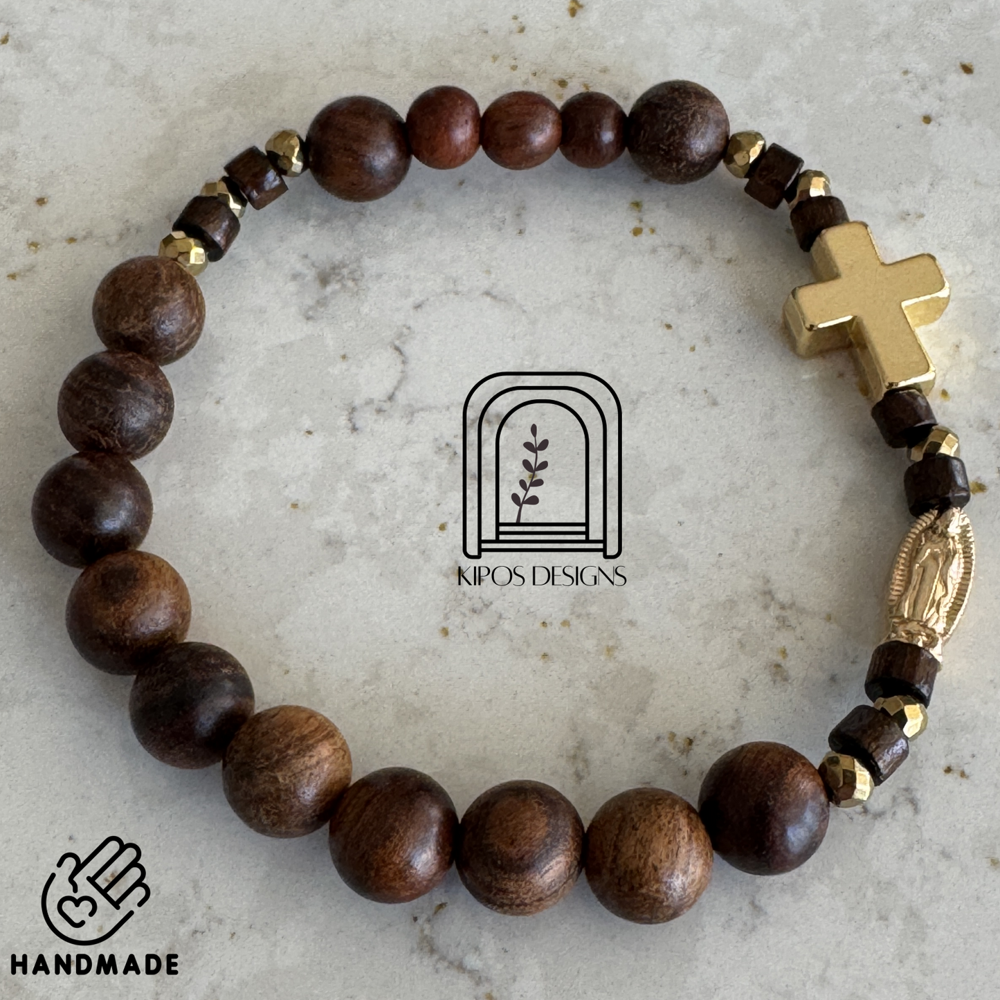 Rosewood Rosary Bracelet with Gold Accents & Gold Cross | Customized Catholic Saint Medal