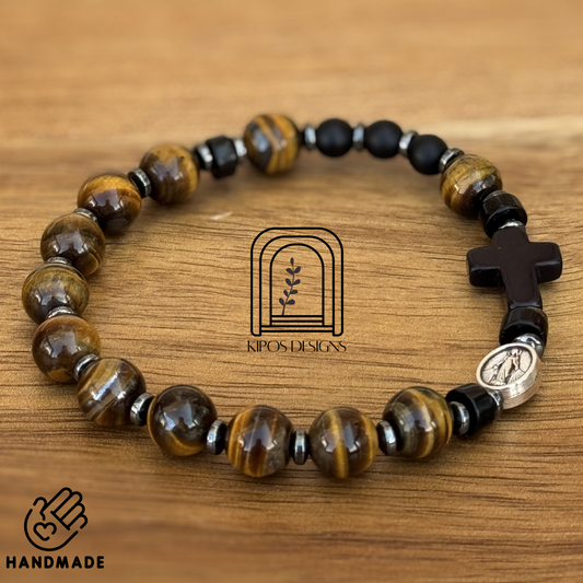 Tiger Eye Rosary Bracelet with Black Onyx & Hematite | Customized Catholic Saint Medal
