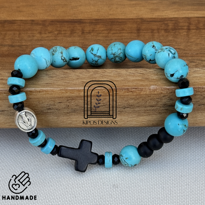 Turquoise Rosary Bracelet with Black Onyx & Faceted Glass Accents | Customized Catholic Saint Medal