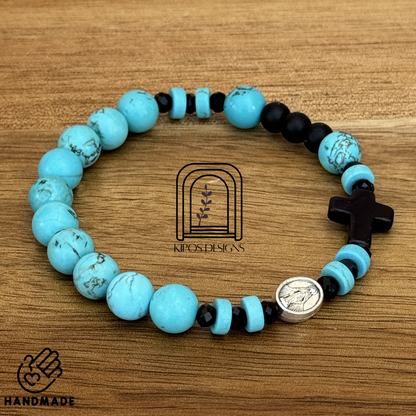 Turquoise Rosary Bracelet with Black Onyx & Faceted Glass Accents | Customized Catholic Saint Medal